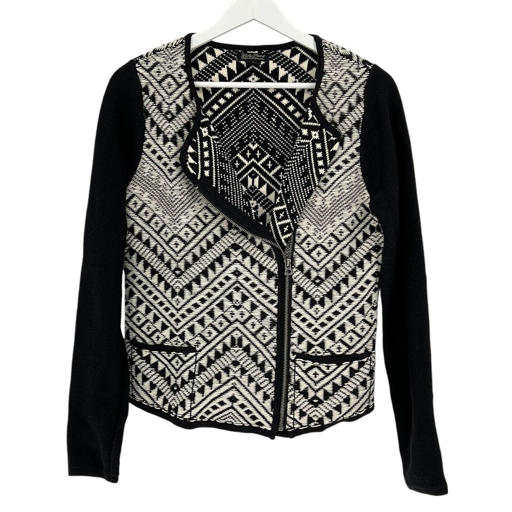 Lucky‎ Brand Moto Sweater Jacket Women's Size M Black White Aztec Print Zip L/S